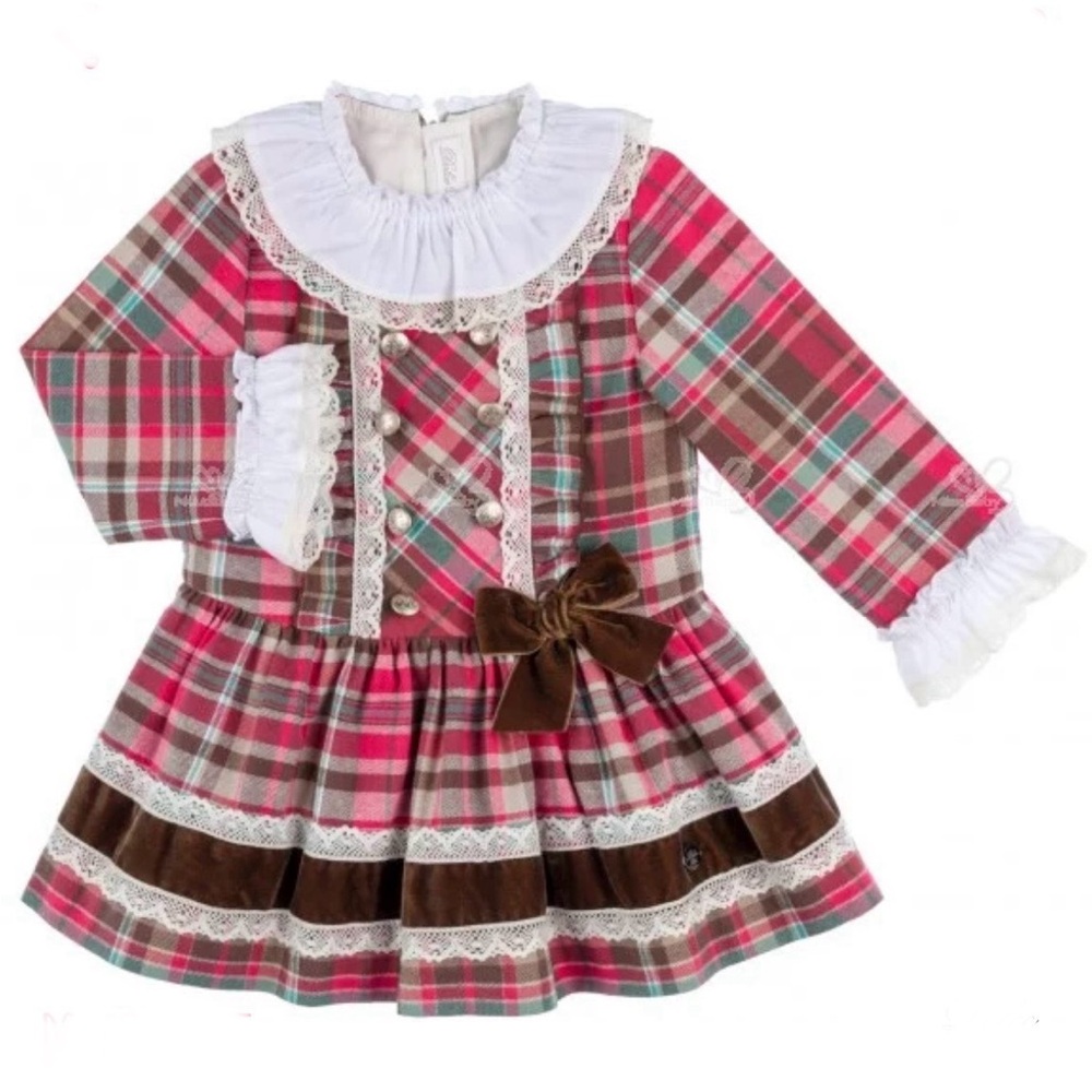 DOLCE PETIT
GIRLS STRAWBERRY & BROWN TARTAN RUFFLE DRESS